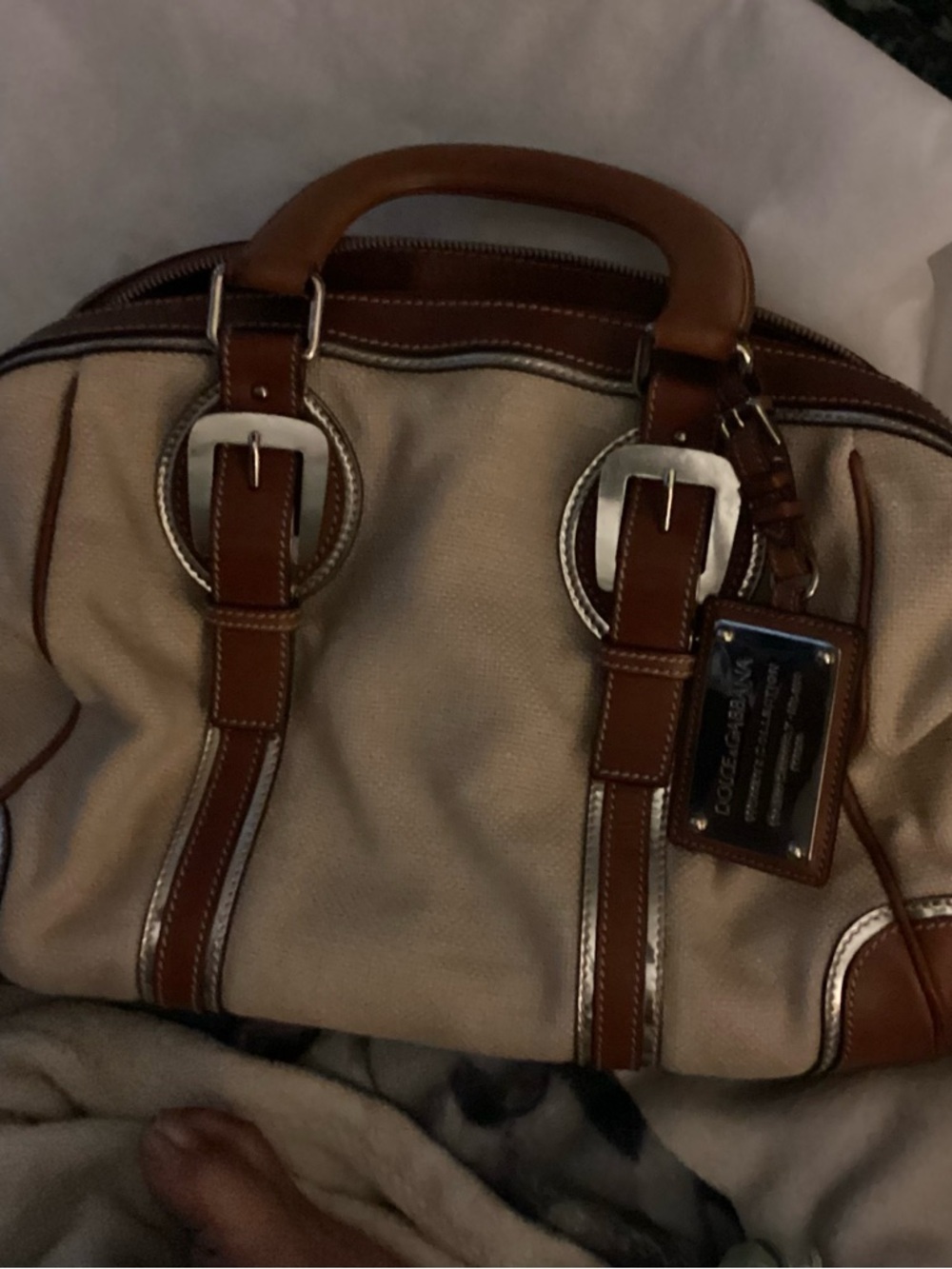 Dolce & Gabbana Beige Canvas Satchel with Brown Leather Accents